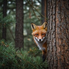 Obraz premium A curious fox peeking out from behind a pine tree.