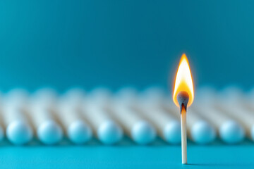 A close-up of a single burnt matchstick standing out from the row of unlit matches on a blue background, symbolizing an individual who stands apart and has different ideas.