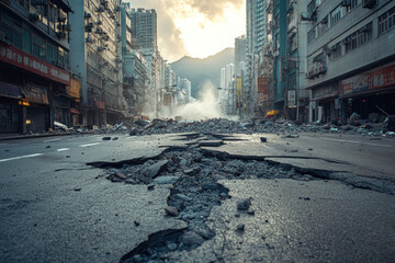 Post-apocalyptic city street with damaged road and scattered debris under a dramatic sky