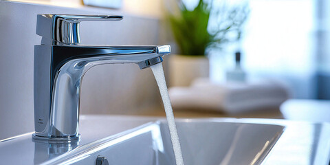 Water flowing from the faucet of a modern bathroom sink, close-up shot, blurred background, professional color grading, soft shadows, low contrast, clean sharp focus, magazine-styl