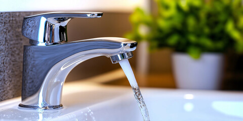 Close-up of running water from a faucet in a modern bathroom. The white sink has a chrome metal spout and levers.