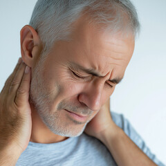 Obraz premium A middle-aged man is holding his neck in pain, with a close-up of his face and upper body. The background color is white, with no other elements or objects. He has gray hair and we