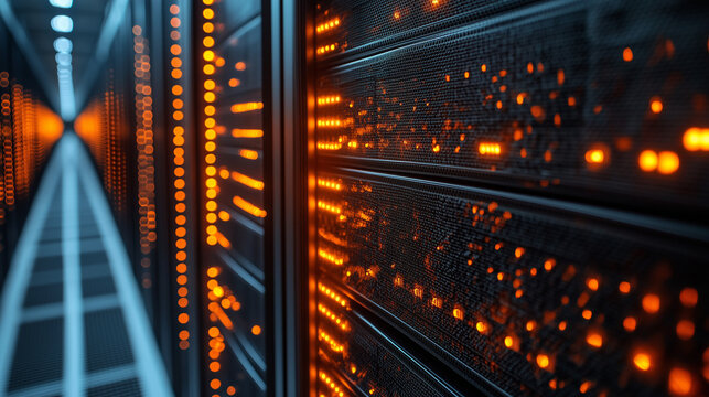Close-up of server racks with blinking red lights, indicating activity. Data center, network, and technology infrastructure. Dark, focused perspective