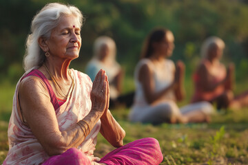 woman in a sari is sitting in a field with other people. She is praying and the other people are also praying