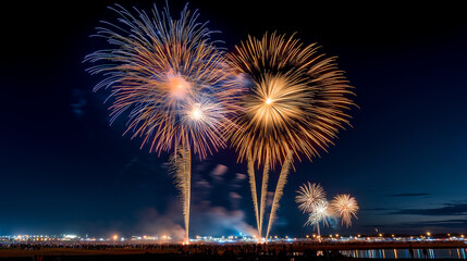 A photo of colorful fireworks lighting up the night sky, creating an enchanting and vibrant display. The fireworks illuminate the dark blue evening sky with their bright colors, ad