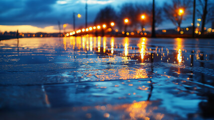 Fototapeta premium Golden Reflections â Streetlights shimmer on rain-slicked pavement as dusk settles, transforming the city into a glowing dream. Working for the benefit of people and society using