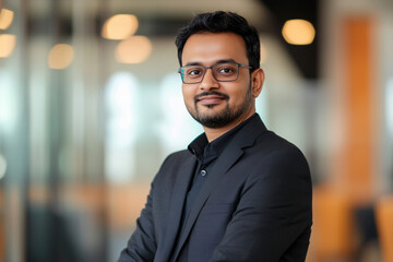 man in a suit and glasses is posing for a photo. He looks serious and focused. The background is blurry, which adds to the overall mood of the image