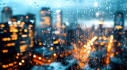 Fototapeta premium Rainy cityscape through a window with blurred lights and skyscrapers. High-resolution photo of a rainy day in a big, modern metropolis, an urban landscape. Background for web desig
