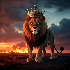 A majestic Lion king with a golden crown on a fire background, lion of Judah, lion wallpaper © Sohel Rana