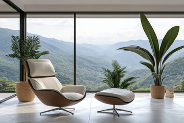 Obraz premium Elegant lounge chair with majestic mountain view in serene interior space