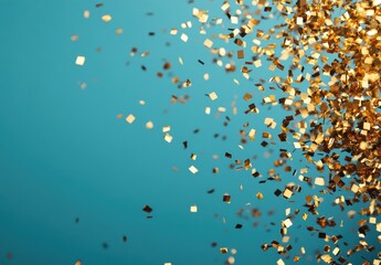 Shimmering Gold Confetti Falling on Bright Blue Background for Celebratory Events, Parties, or Festive Occasions Captured in High Detail