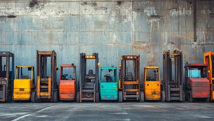 Warehouse forklift row against weathered wall