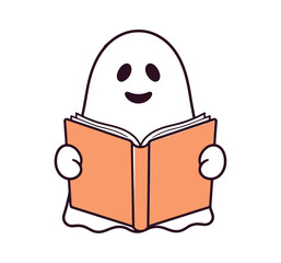 Happy Halloween cute ghost with different object. Trendy flat style and funny Halloween characters. Spooky cute Halloween illustration.