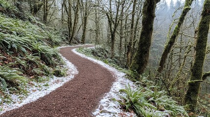 Obraz premium Winding Forest Path Winter Snow Ferns Trees