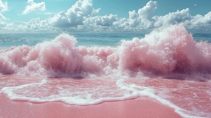 Fototapeta premium Pink Beach Waves; Dramatic Ocean; Cloud Sky; Artistic Seascape; Stock Photo