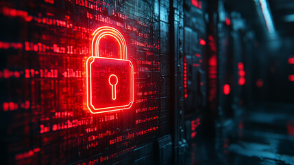 Locks with glowing red outlines on complex, illuminated digital surfaces for cybersecurity websites, data breach alerts and online security concepts.