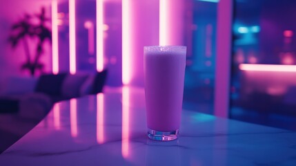 Naklejka premium A vibrant pink drink sits on a marble countertop in a neon-lit lounge with soft seating