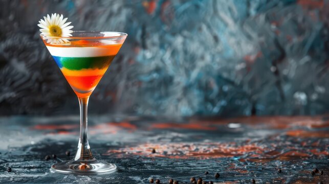 Colorful layered drink in vermouth glass for world cocktail day celebration. Horizontal banner. Copy space. Colorful cocktail decorated with flower on a stone background - Powered by Adobe