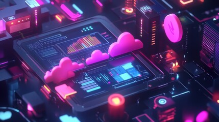 Futuristic digital landscape showcasing vibrant technology with data visualization and clouds