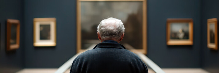 Reflective moment in art gallery on international museum day. Grey haired man in a museum standing in front of a painting. Back view