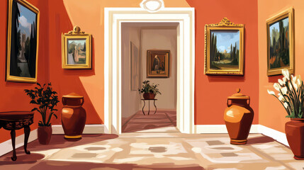 International museum day art gallery with framed paintings and decorative vases