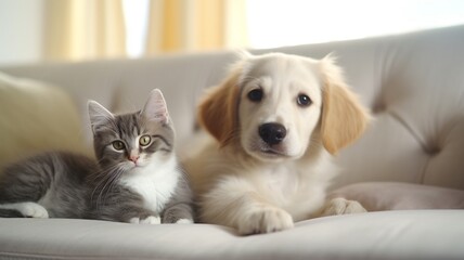 A heartwarming scene of a fluffy golden retriever puppy and a grey and white kitten snuggling together on a soft, cream-colored couch bathed in soft, natural light.