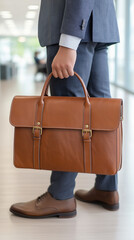 Businessman holding brown leather briefcase in office hallway