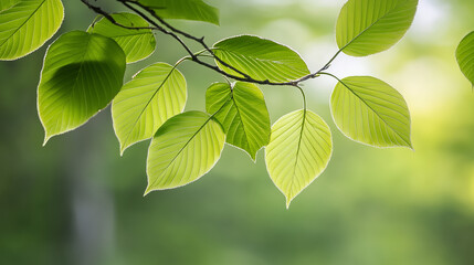 Obraz premium Green leaves on a tree branch in sunlight