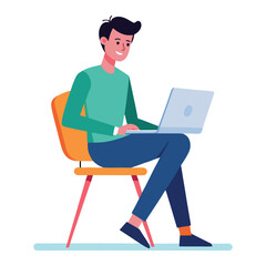 a boy is using his laptop vector