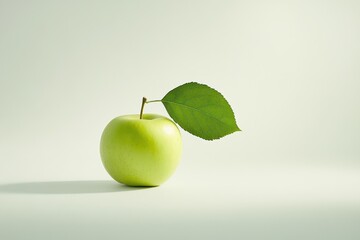 Single green apple with leaf on light background.