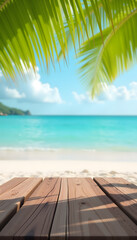 Fototapeta premium Empty wooden table on tropical beach with palm leaves, summer vacation background for product display and advertising