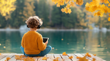 A person is streaming a video on their tablet while wearing headphones. He appears focused and relaxed in a calm travel setting, bathed in soft natural light that enhances the serene atmosphere.