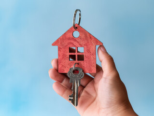 hand holding red house shaped keychain with key, symbolizing home ownership and security. image conveys sense of warmth and belonging