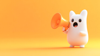 Cute 3d ghost holding a megaphone on an orange background with copy space