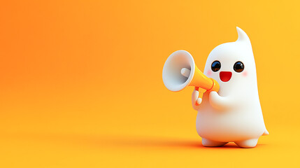 Obraz premium Cute 3d ghost holding a megaphone on an orange background with copy space