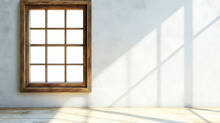 Natural light streaming through a wooden framed window onto a bare wall