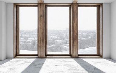 Fototapeta premium Winter day with snowy landscape seen through large wooden windows