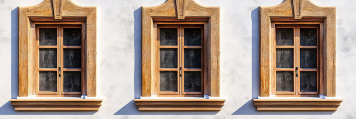 Obraz premium Visual symmetry in rustic wooden windows on a white stucco wall in a historic building