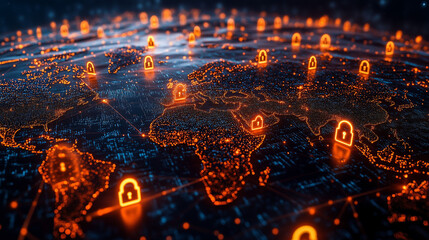 World map with glowing  3d lock icons, representing global cybersecurity. Network, data, and protection concept.