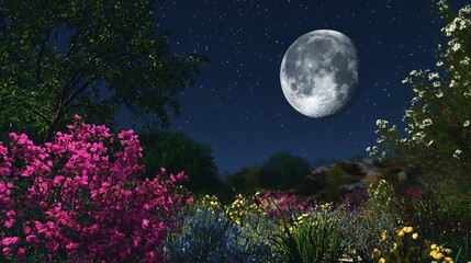 Fototapeta premium Night garden, full moon, starry sky, floral beauty, tranquil scene, nature wallpaper