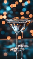 Elegant martini glasses filled with clear cocktails on a sparkling background.