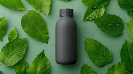 Eco-friendly bottle mockup, green leaves background, nature concept, product packaging