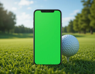 Smartphone mockup with green screen and golf ball on a golf course.