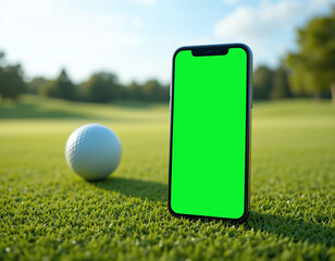 Smartphone mockup with green screen and golf ball on a golf course.