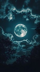 Fototapeta premium A stunning full moon illuminates a night sky filled with clouds.