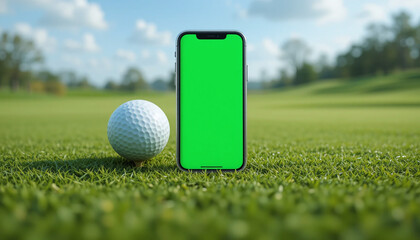 Smartphone mockup with green screen and golf ball on a golf course.
