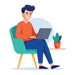 a boy is using his laptop vector