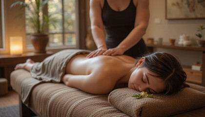 Obraz premium A woman receiving a traditional Thai massage in a spa, promoting relaxation, wellness, and self-care in a peaceful setting.