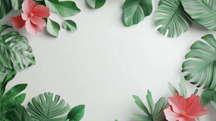 Fototapeta premium Tropical floral design with hibiscus blossoms and vibrant green foliage creating a frame for a summer themed backdrop illustration