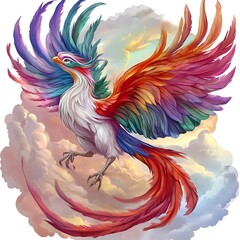Fototapeta premium Rainbow Phoenix Bird in Flight Vibrant Plumage Against Pastel Sky